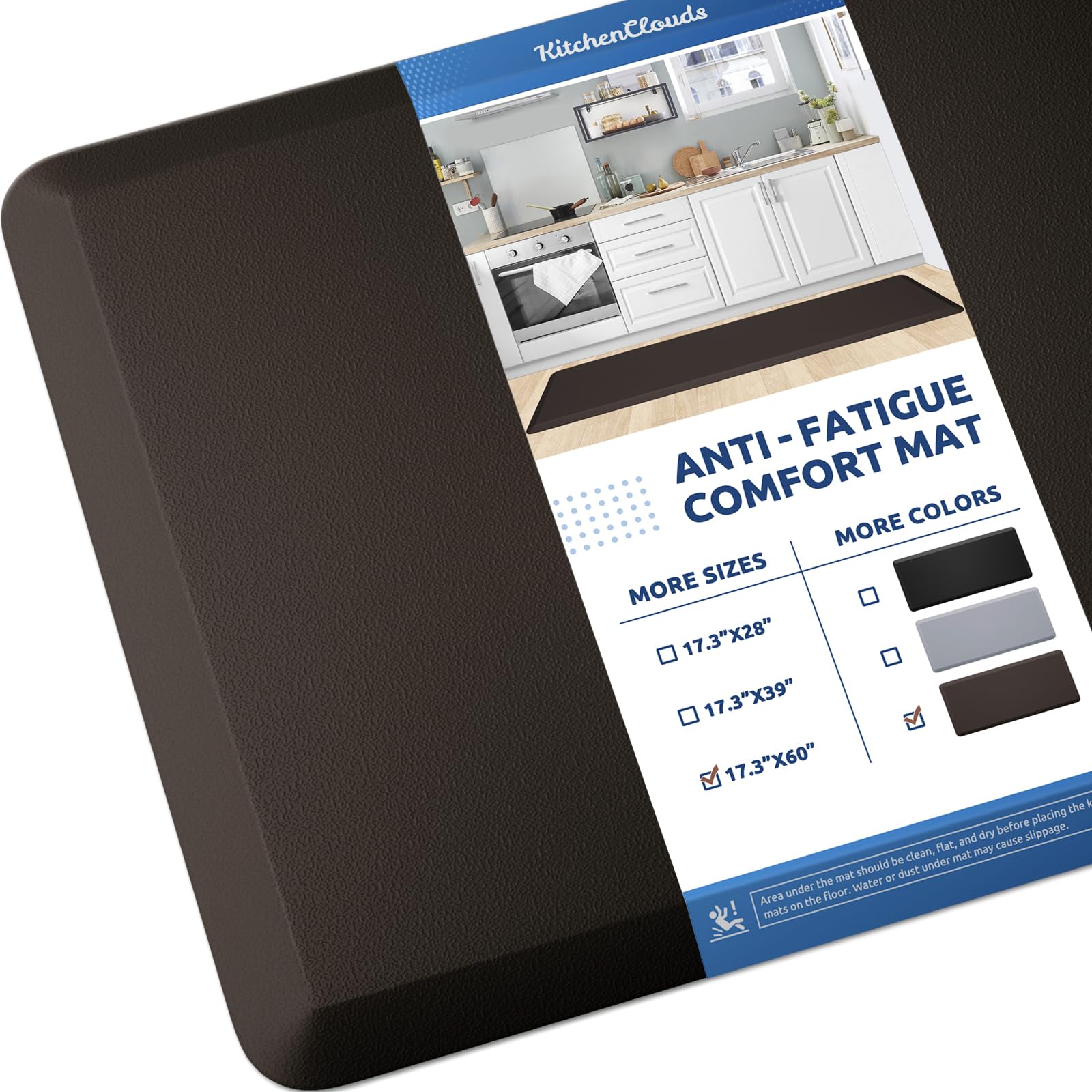 KitchenClouds cushioned anti-fatigue kitchen mat provides comfortable standing during cooking.