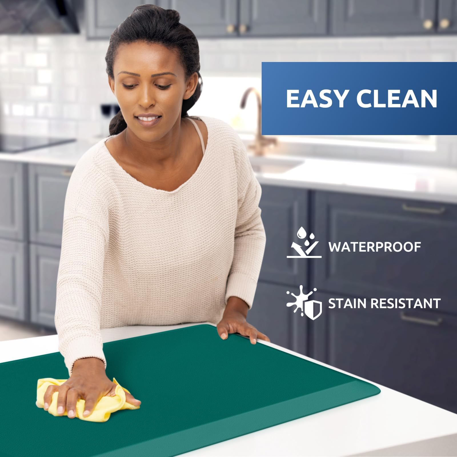KitchenClouds waterproof surface resists spills for easy cleaning and setup.