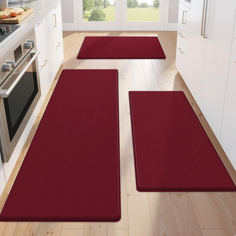 KitchenClouds 3-piece red mats set on kitchen floor offering cushion for long cooking tasks