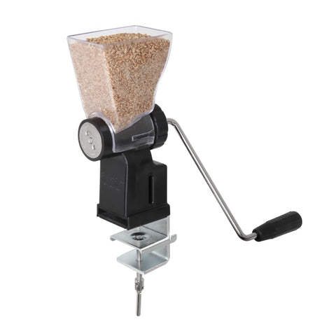 KITCHEN CROP hand crank grain mill front view showing compact design and portability