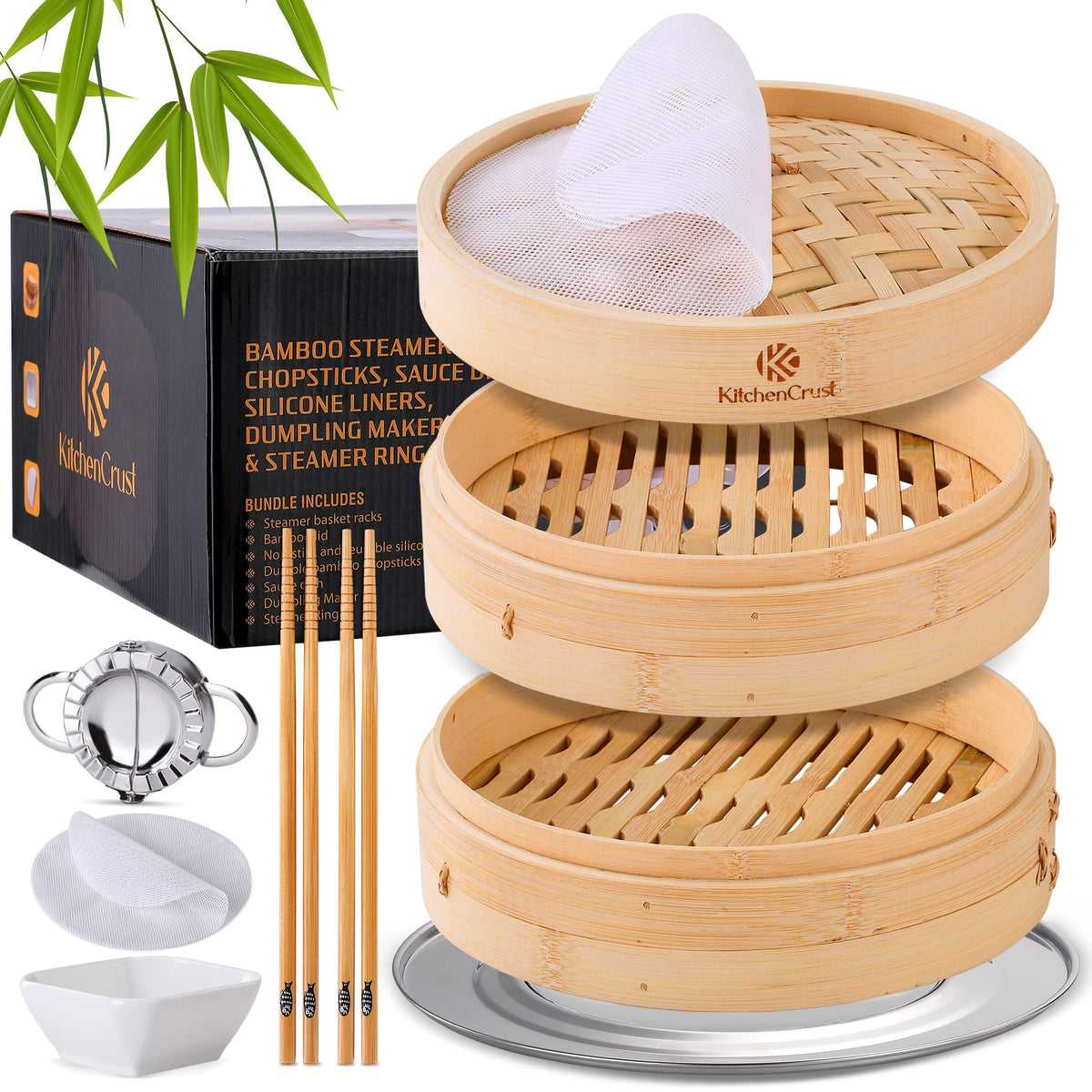 KitchenCrust 2-Tier Bamboo Steamer Assembly for efficient multi-item meals.