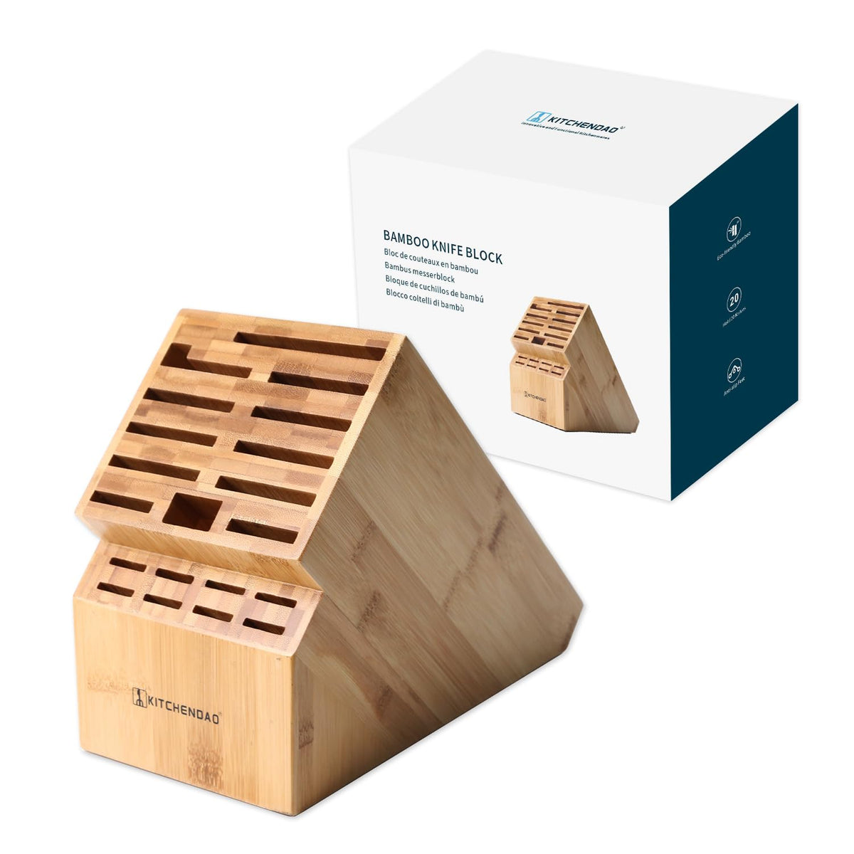 KITCHENDAO 20-slot bamboo knife block full view for organized counter storage.
