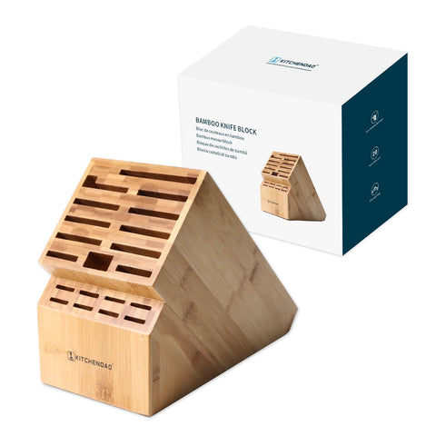 KITCHENDAO 20-slot bamboo knife block full view for organized counter storage.