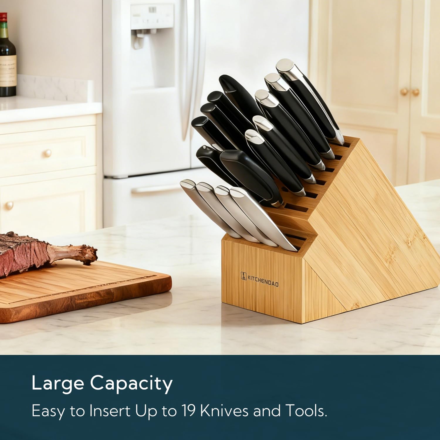KITCHENDAO knife block interior slots show versatile blade compatibility for many knives.