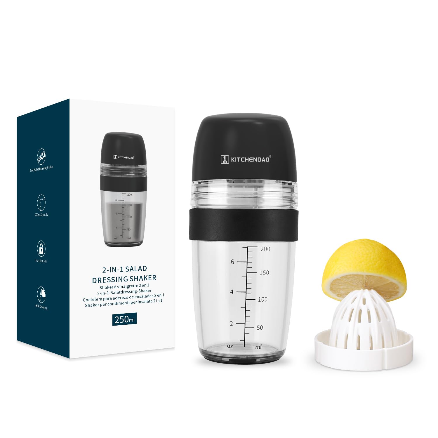 KITCHENDAO 2 in 1 juicer dressing shaker showing built in citrus juicer and bottle design
