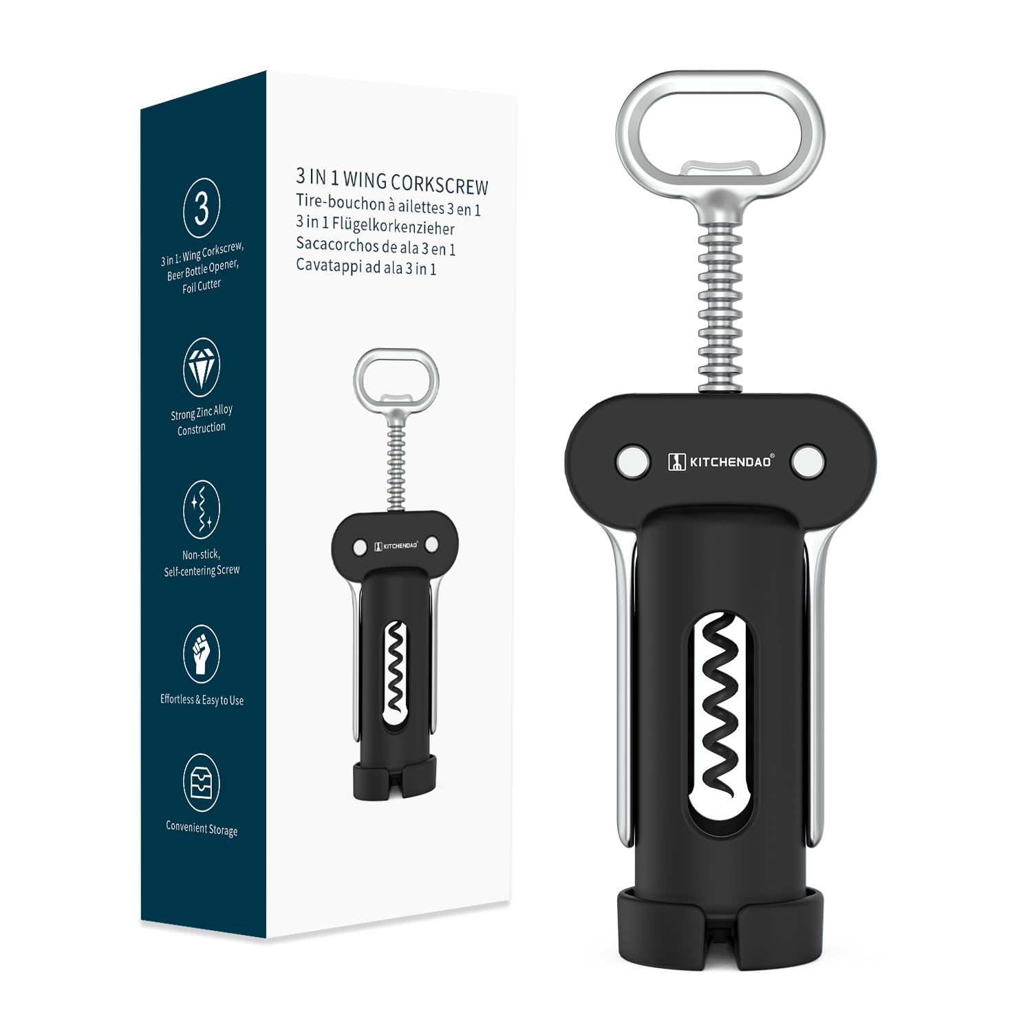 KITCHENDAO 3-in-1 wing corkscrew with foil cutter in action for wine opening