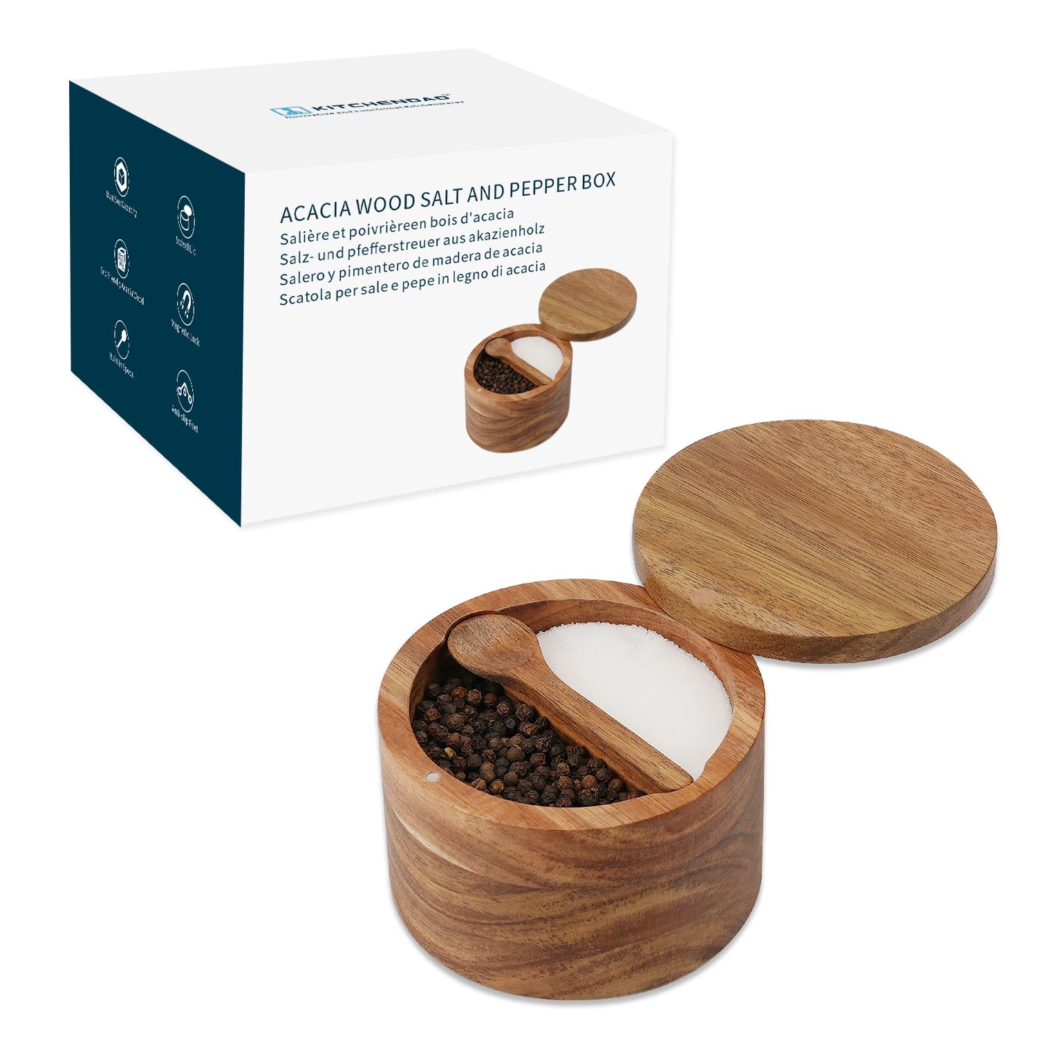 KITCHENDAO acacia salt and pepper box with built-in spoon for one-handed use.