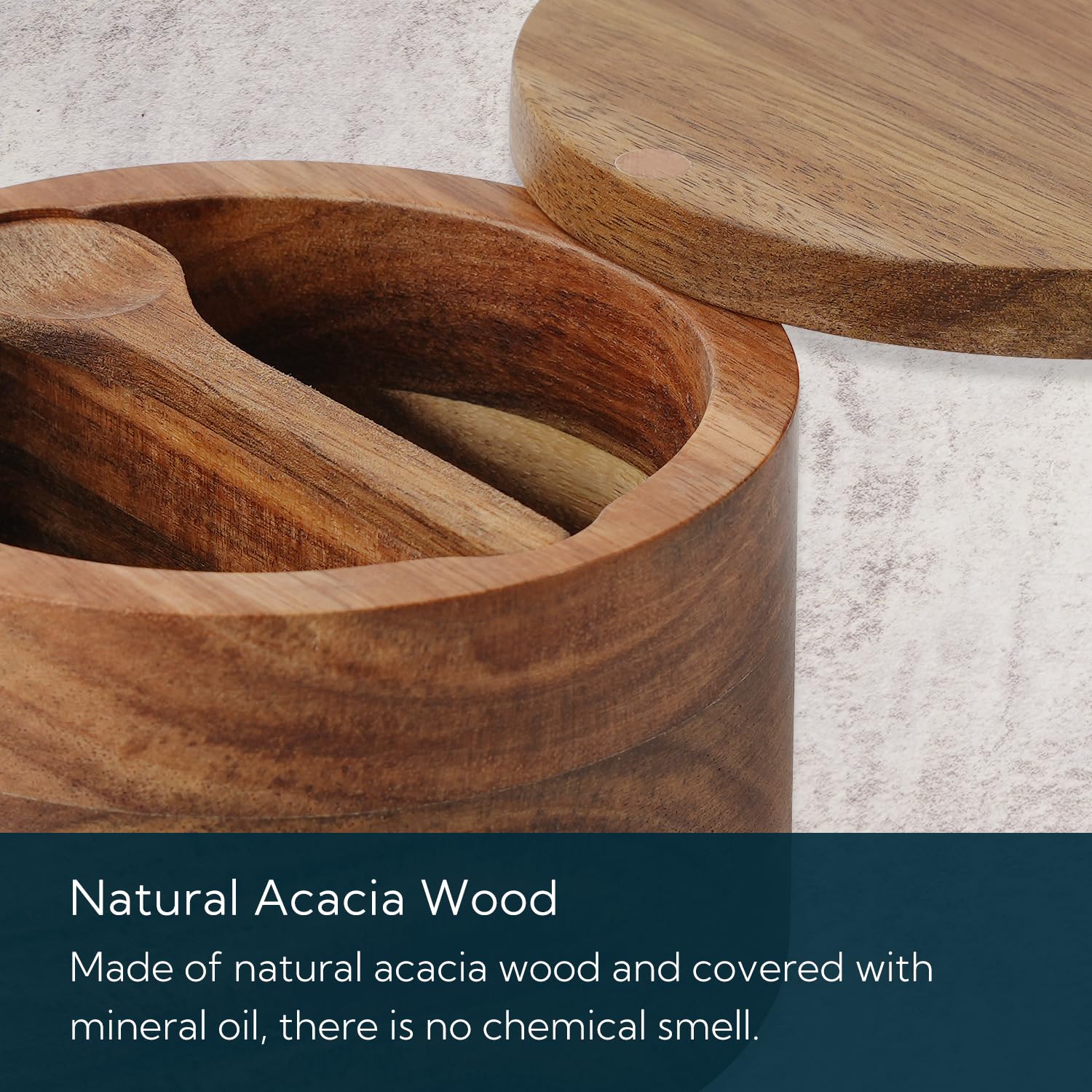 Close-up of acacia wood texture and smooth mineral oil finish.