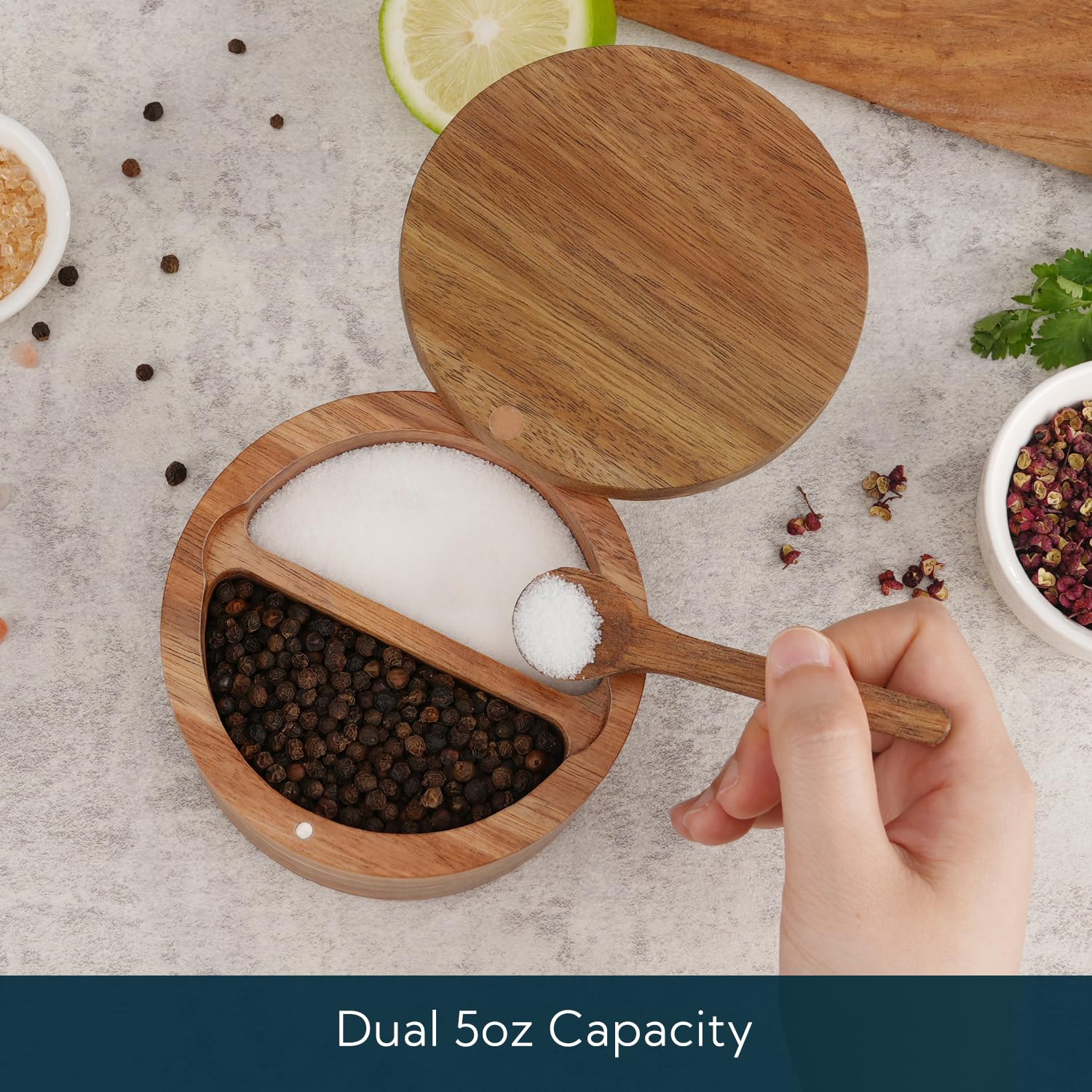Two 5 oz compartments keep spices organized for quick seasoning.