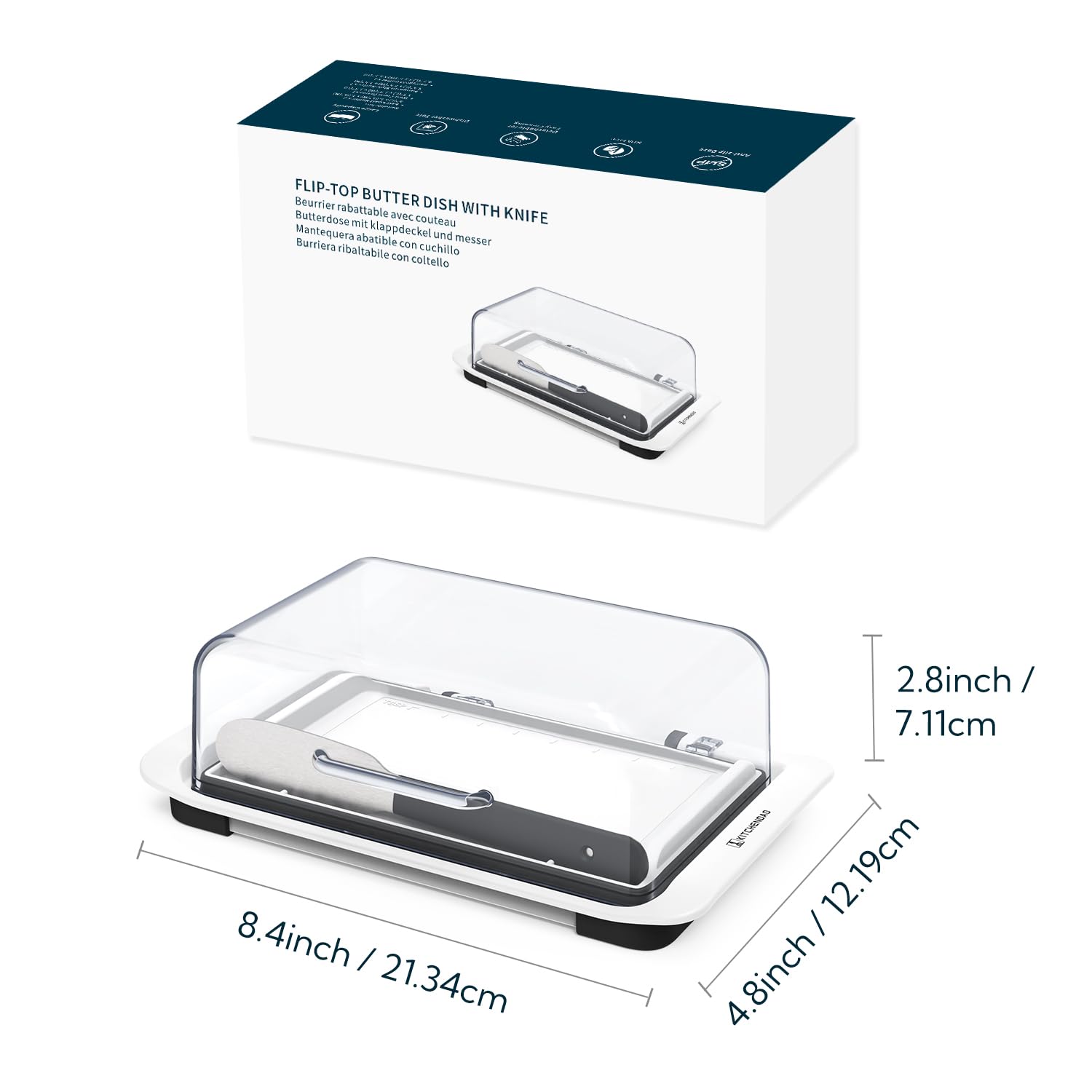 KITCHENDAO butter keeper on counter with clear lid and secure fit