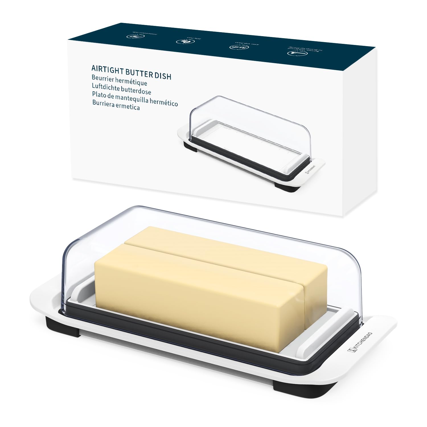 KITCHENDAO butter dish with lid close up showing airtight seal for freshness
