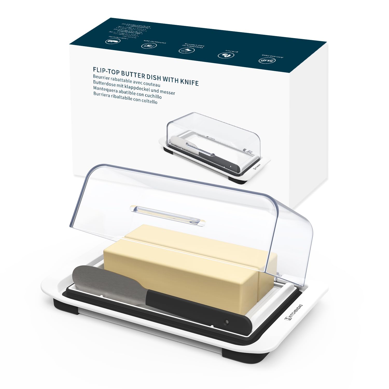 KITCHENDAO butter dish with built in knife in flip top lid for clean serving