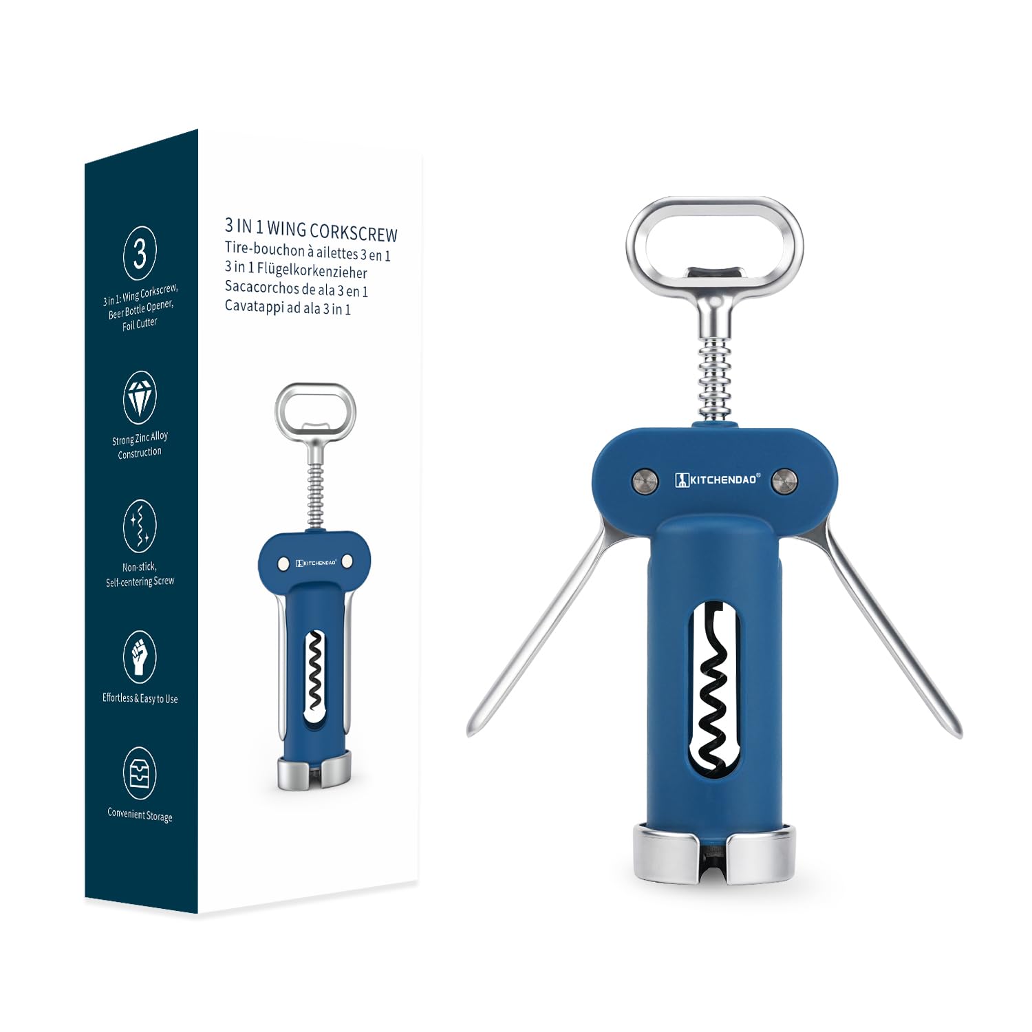 KITCHENDAO Luxury 3-in-1 wine opener with blue handle for smooth cork extraction.