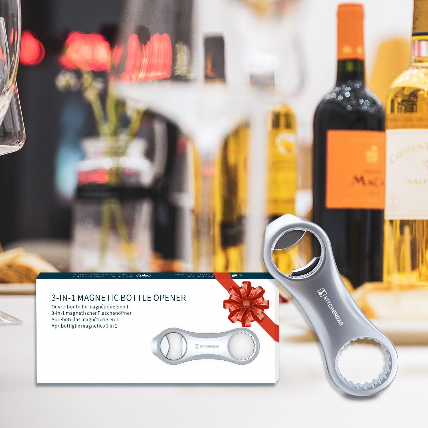 Fridge mounted magnet keeps KITCHENDAO opener within reach