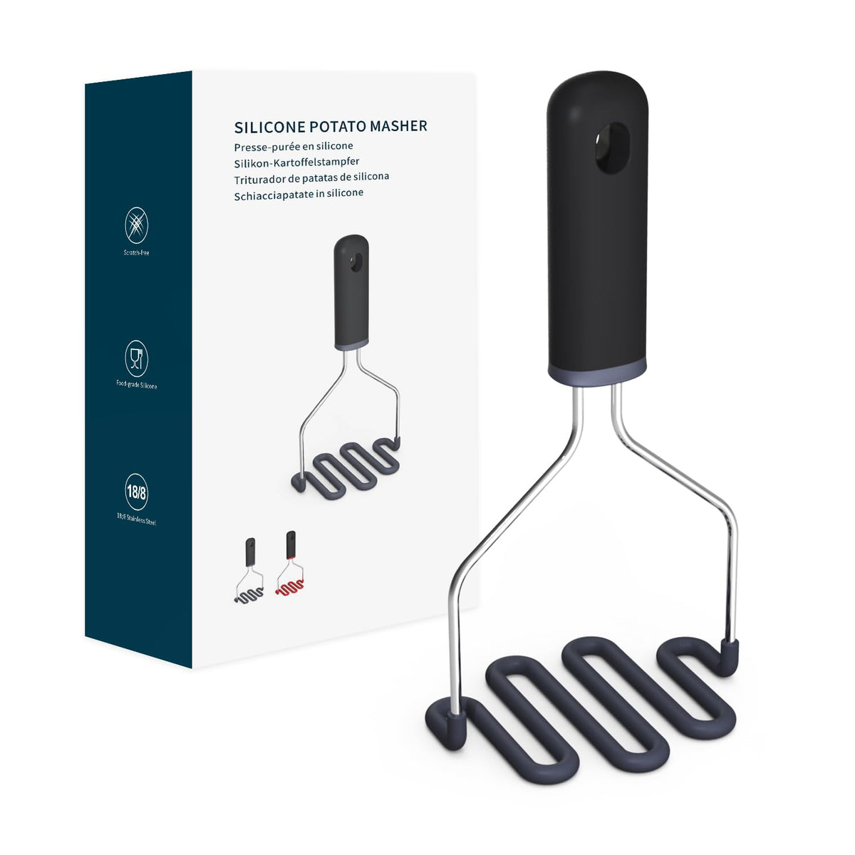 Kitchendao non-scratch potato masher in black for non-stick pans