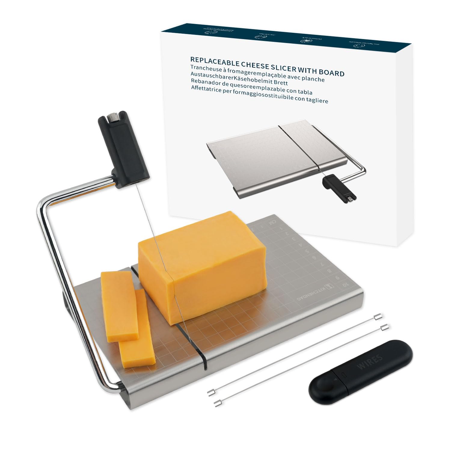 KITCHENDAO cheese slicer with board for stable, clean slices.