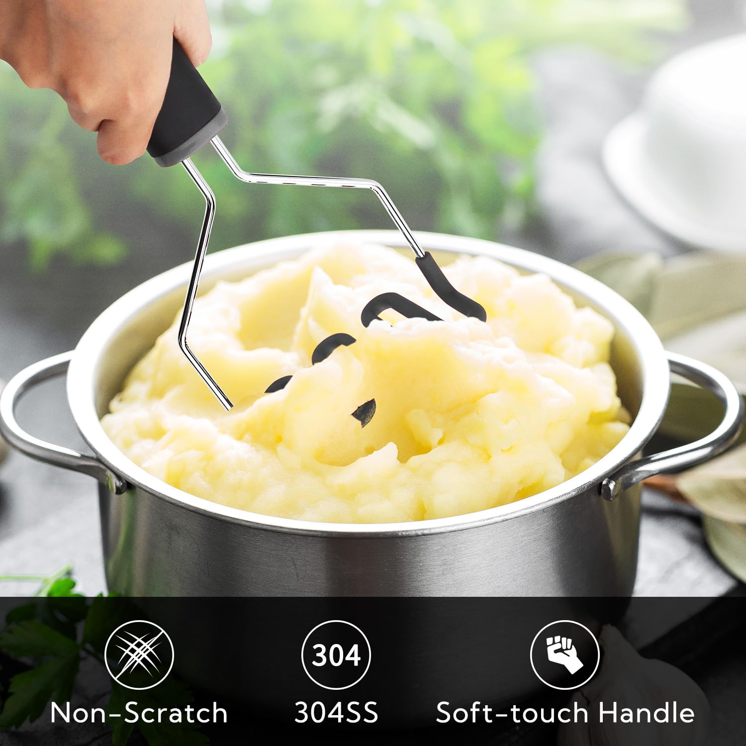 Kitchendao silicone-coated stainless steel masher for smooth mashes