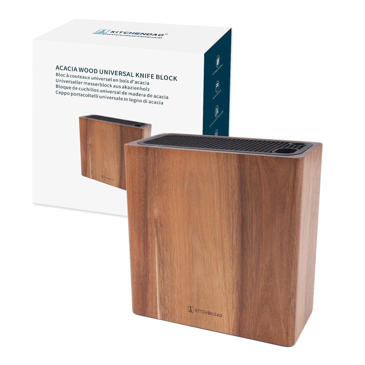 KITCHENDAO XL acacia wood knife block front view with spacious knife storage.