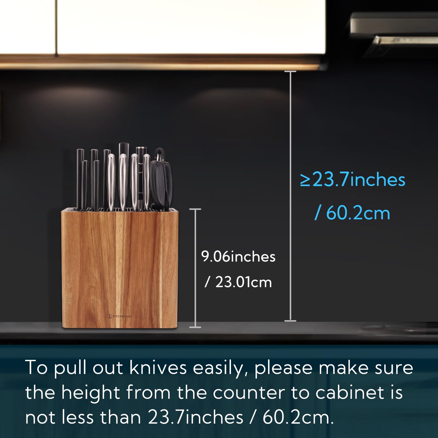 KITCHENDAO XL acacia block interior shows double-deck slots for edge protection.