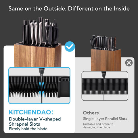KITCHENDAO XL knife block with scissors slot supports easy tool access.