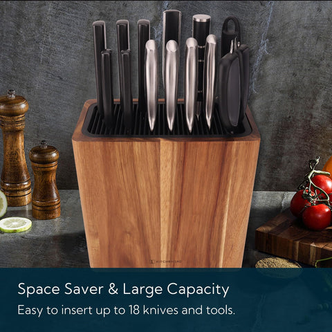 KITCHENDAO XL acacia wood knife block slot arrangement keeps blades separated.