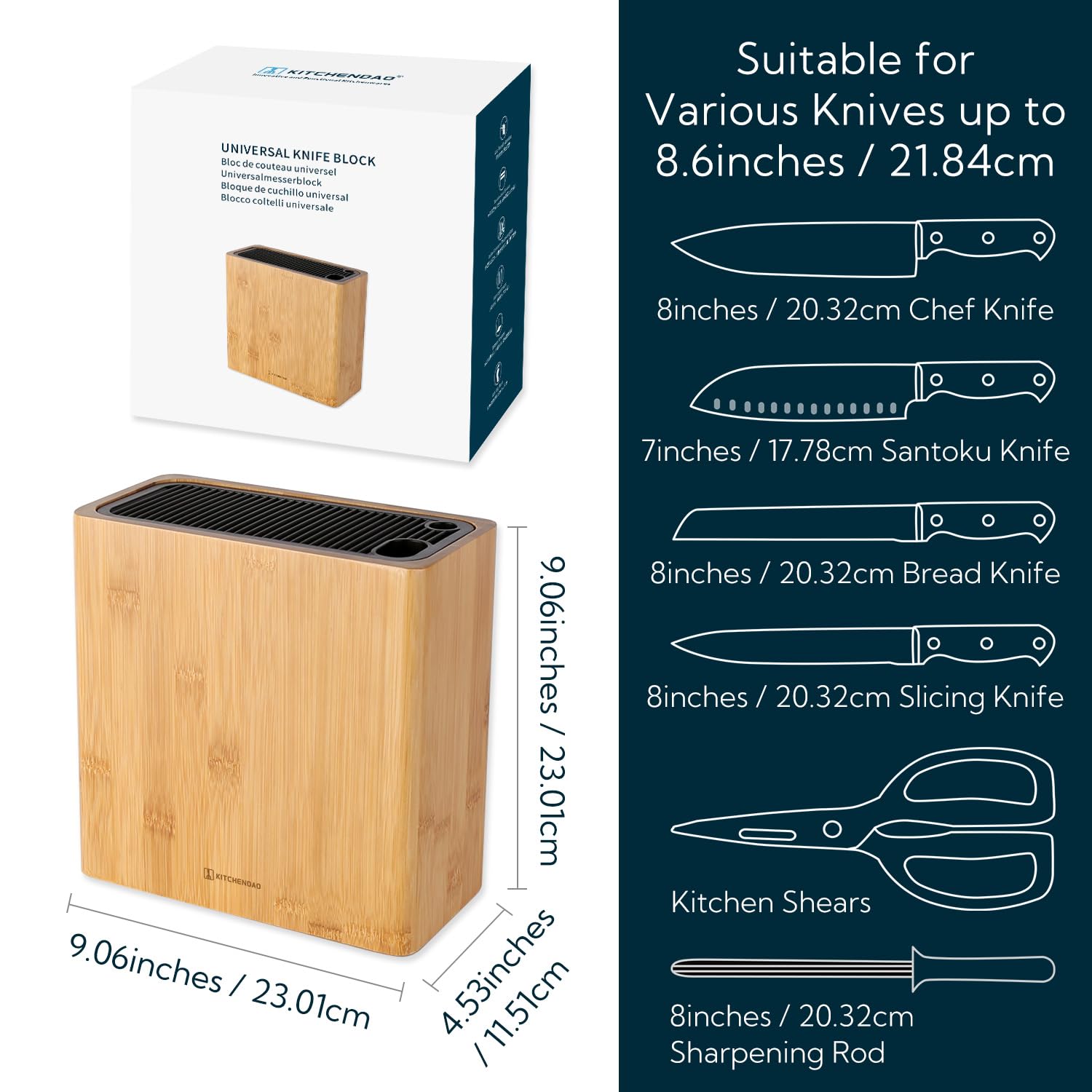 KITCHENDAO XL Bamboo Knife Block demonstrating large knife capacity.