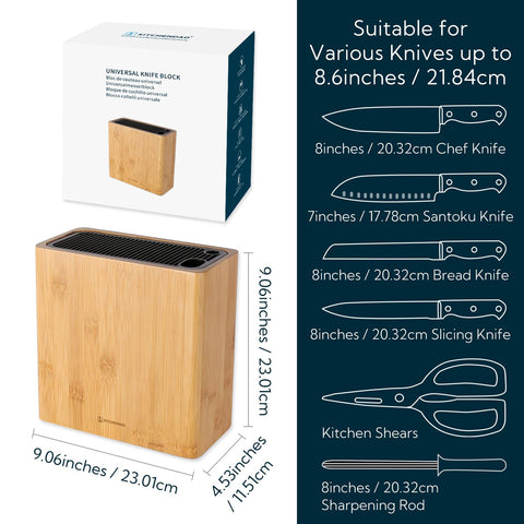 KITCHENDAO XL Bamboo Knife Block demonstrating large knife capacity.