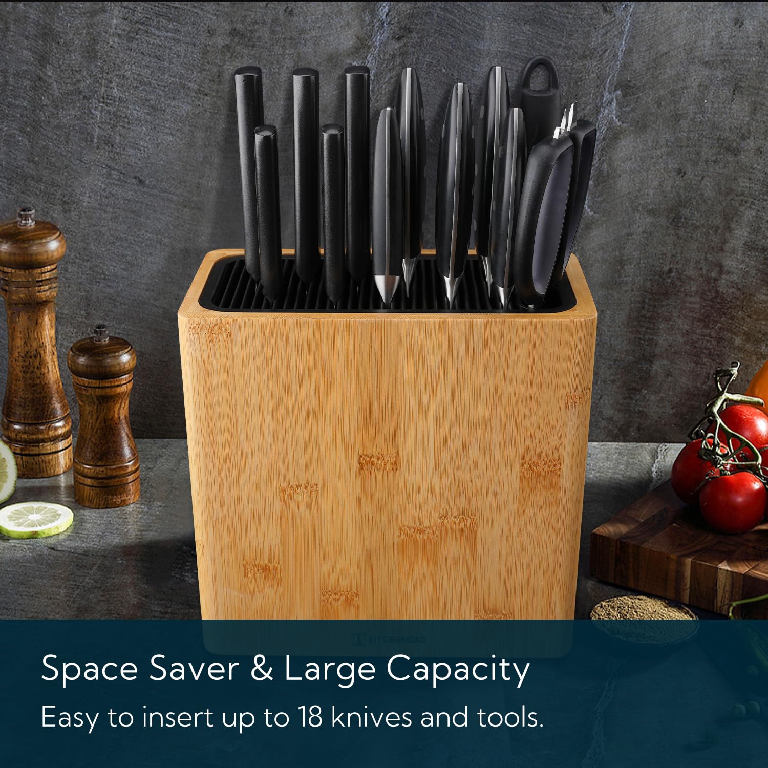 KITCHENDAO XL Bamboo Knife Block featuring scissors slot.