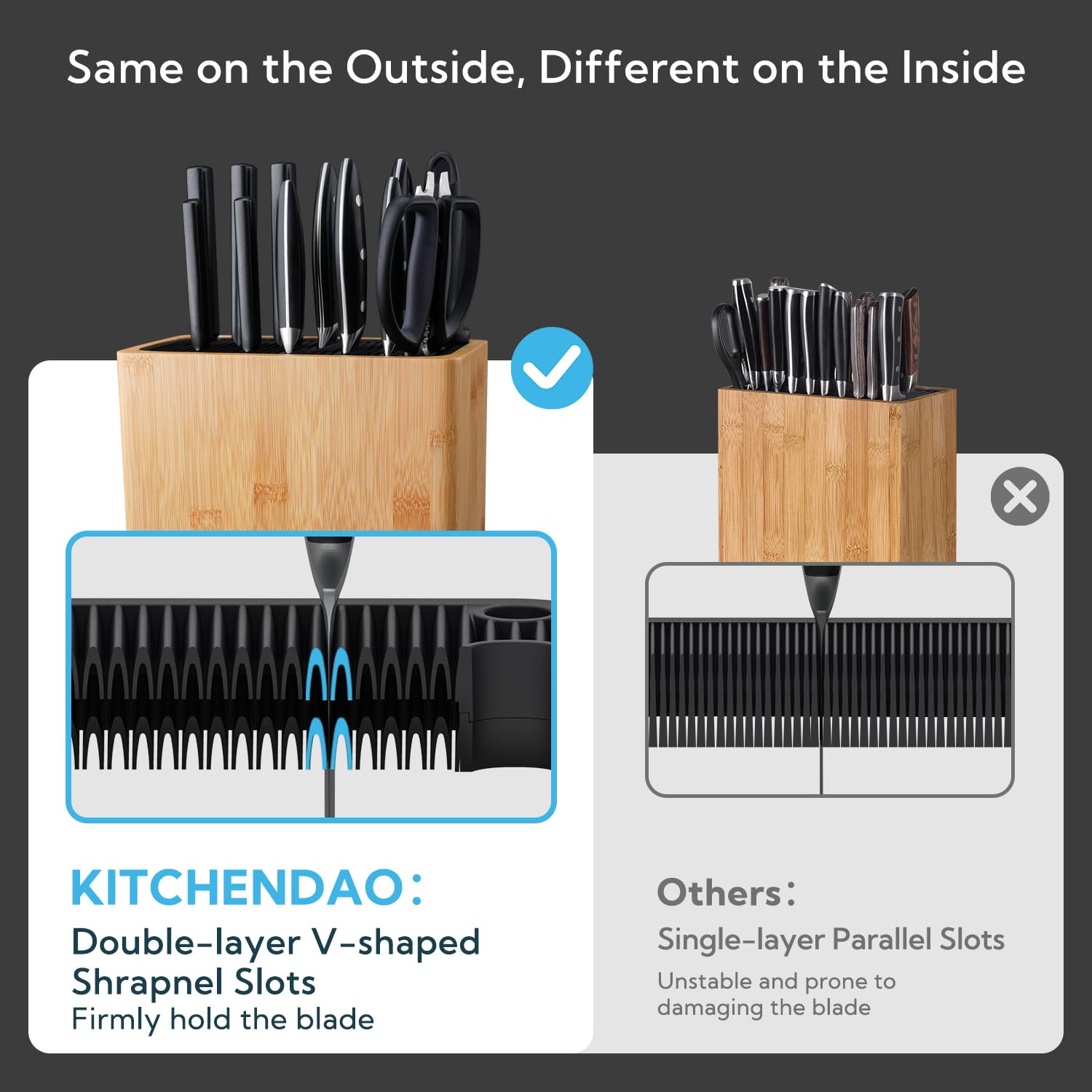 KITCHENDAO XL Bamboo Knife Block with sharpening rod slot visible.