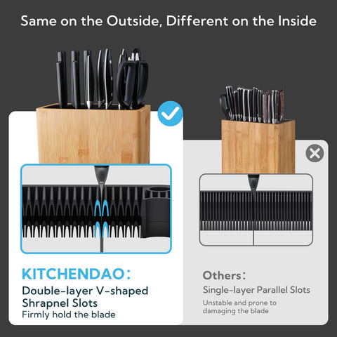 KITCHENDAO XL Bamboo Knife Block with sharpening rod slot visible.