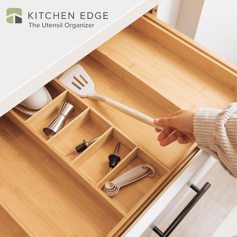 KitchenEdge adjustable drawer organizer extends from 18.5 to 33 inches for wide drawers