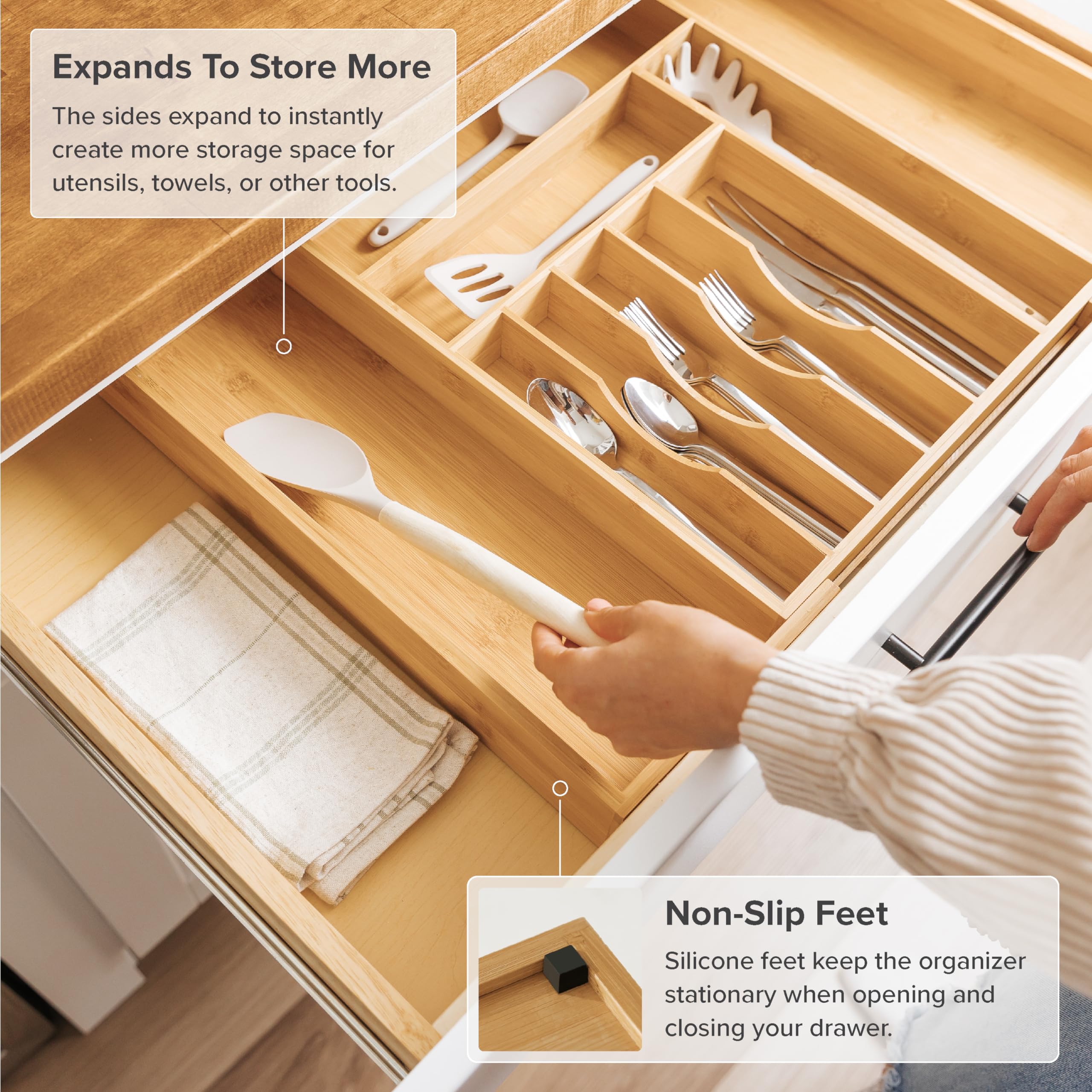 KitchenEdge anti-skid feet enhance stability during drawer use.
