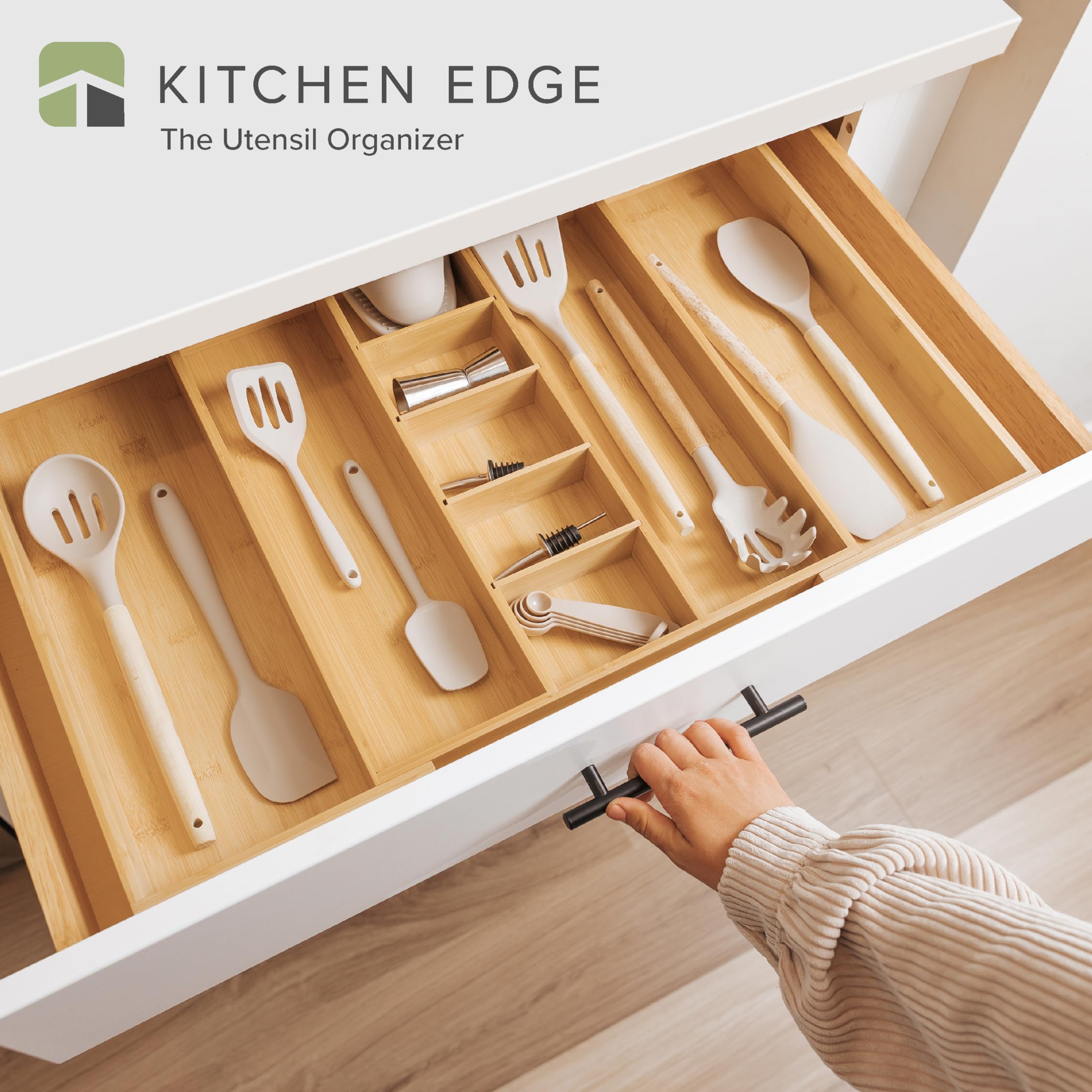 KitchenEdge bamboo drawer dividers create clear 9-compartment organization.