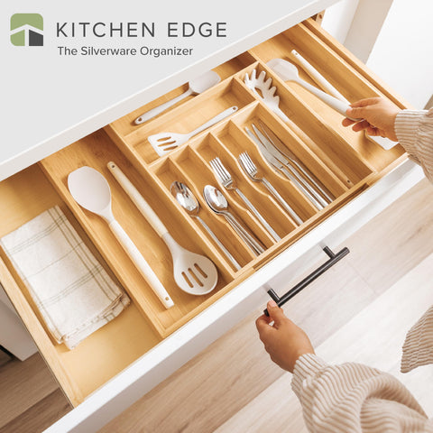 KitchenEdge bamboo flatware tray six-compartment design simplifies sorting.
