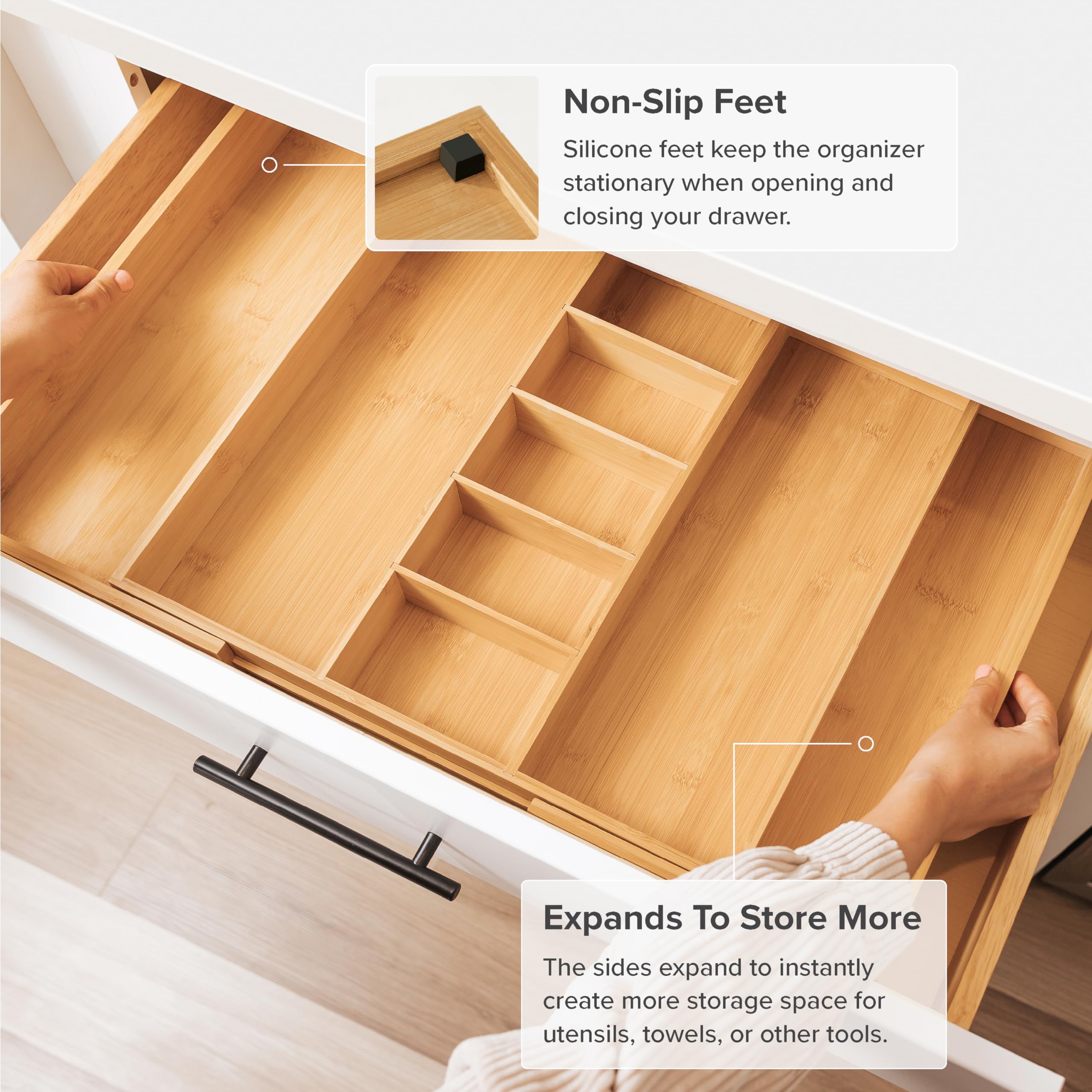 KitchenEdge drawer organizer with non-slip feet stays stable during use