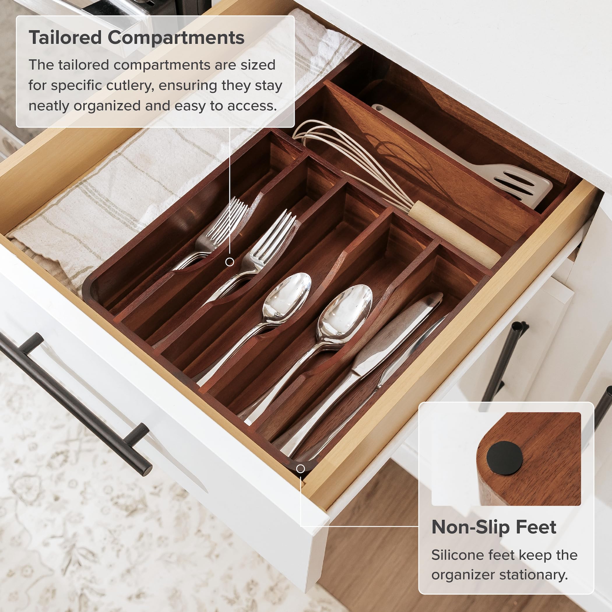 KitchenEdge rounded corners minimize snagging and protect utensils in storage