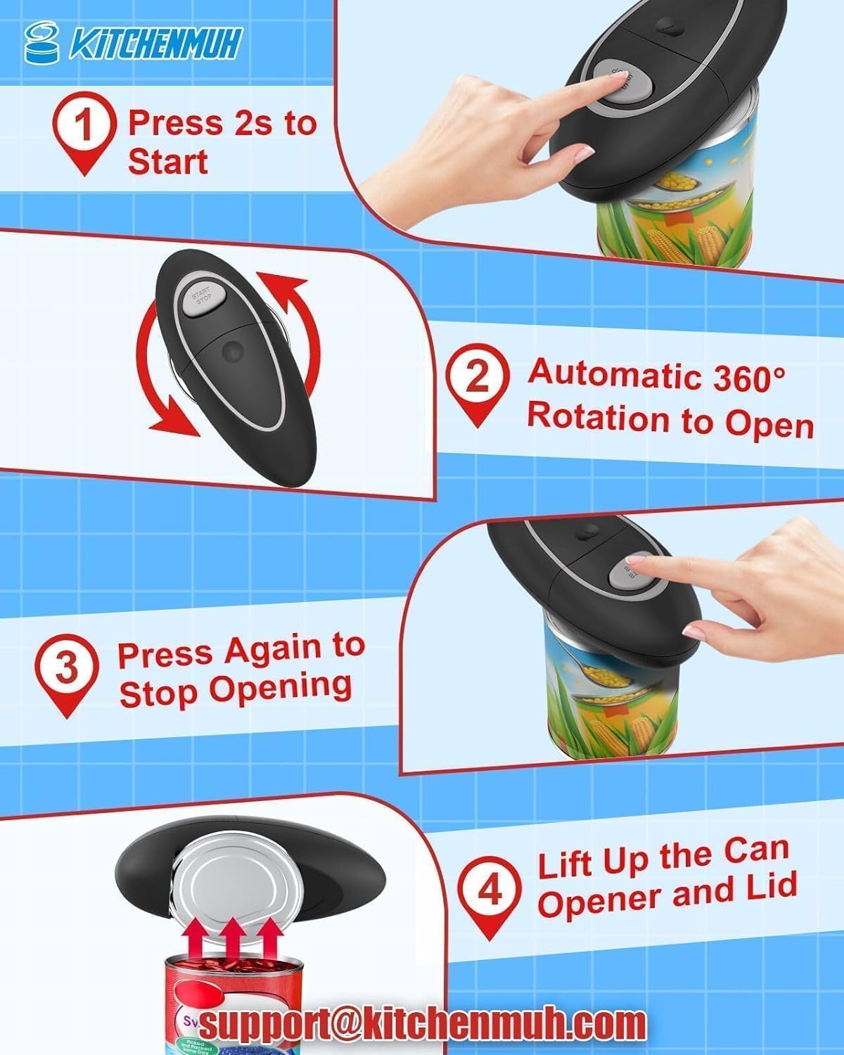 KITCHENMUH smooth edge cutting action demonstrates safer can opening