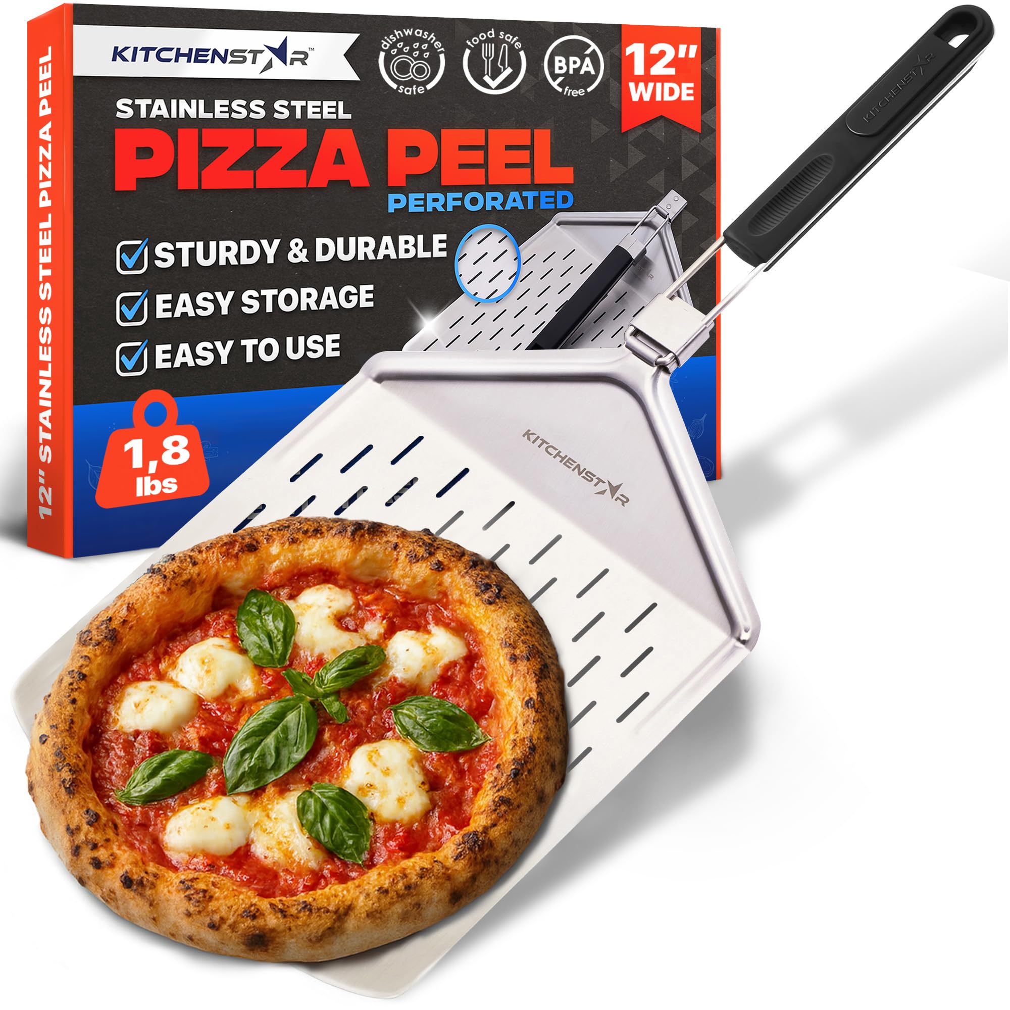 KitchenStar 12-inch perforated pizza peel with folding handle for easy storage and crispy crust.