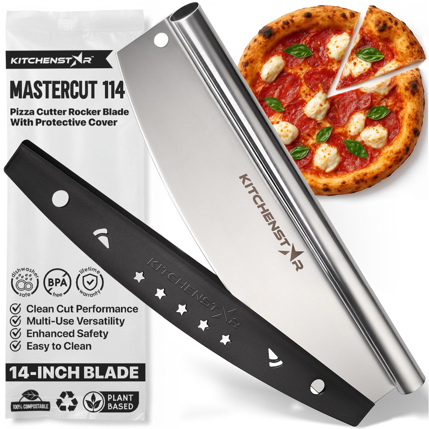 KitchenStar 14-Inch Pizza Cutter Rocker Blade slices evenly, preserving toppings.