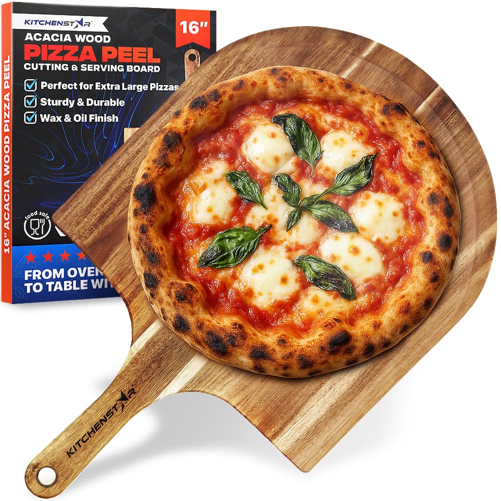 KitchenStar 16-inch acacia pizza peel with beveled edge for easy oven transfers.