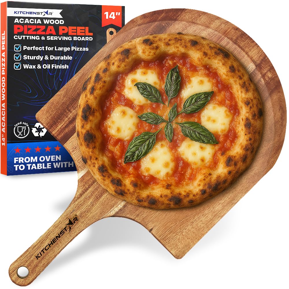 KitchenStar acacia pizza peel 14 inch sliding under a pizza for easy oven transfer