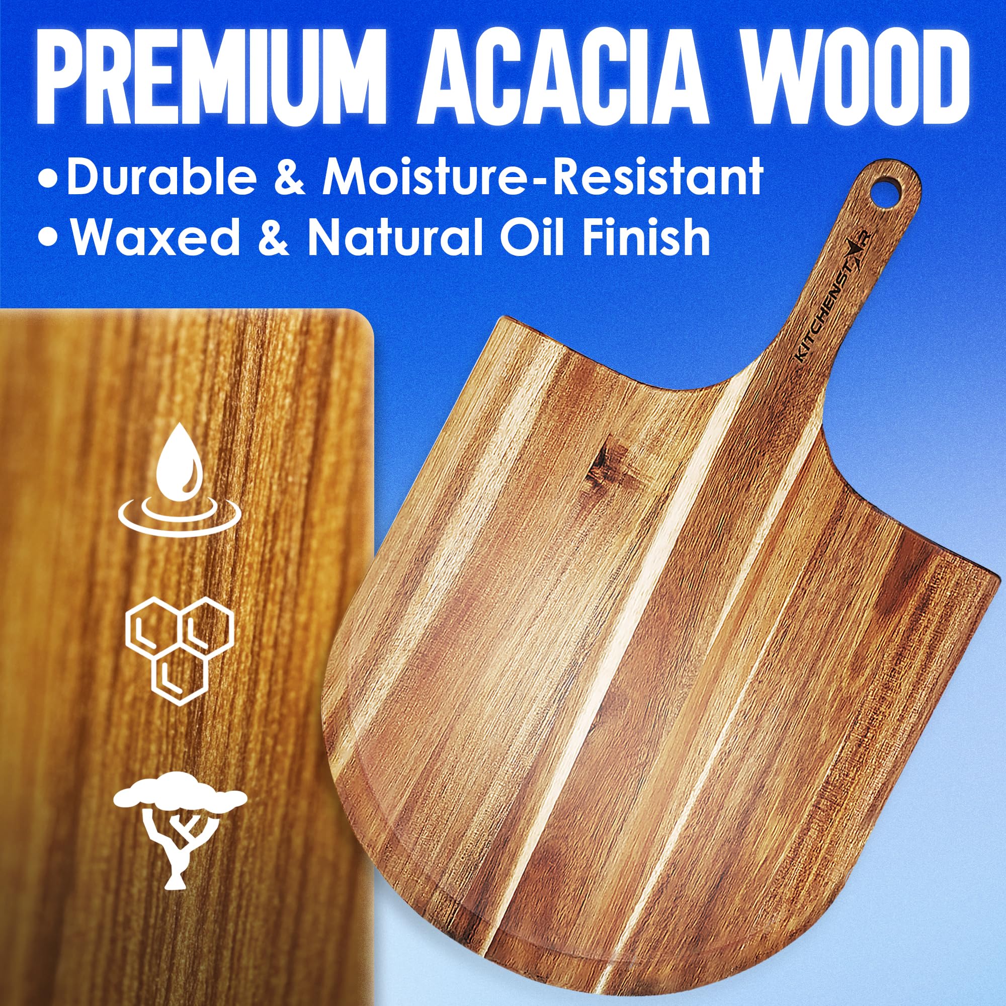 KitchenStar beveled-edge pizza peel enables smooth slides under pizzas.