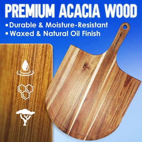 KitchenStar beveled-edge pizza peel enables smooth slides under pizzas.