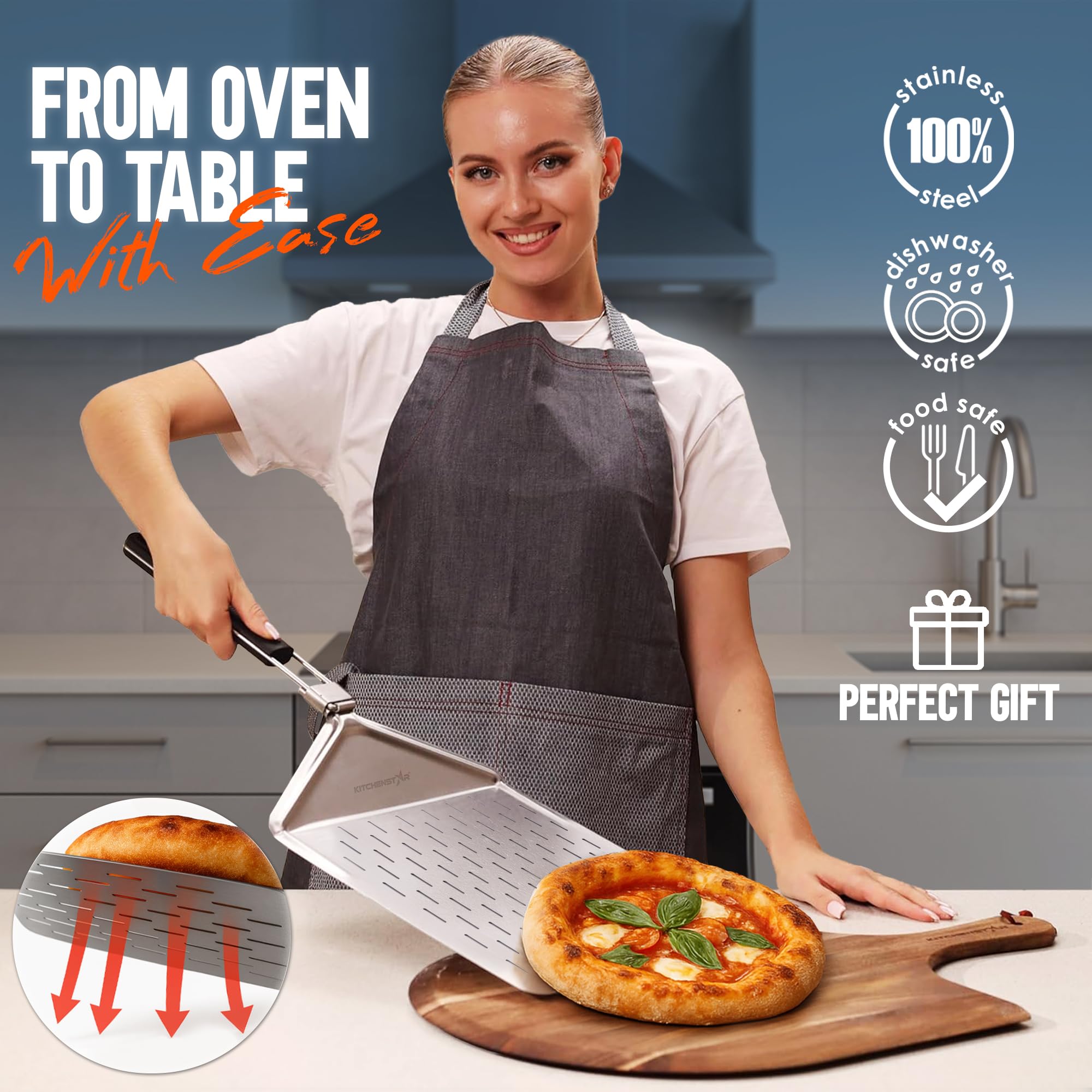 KitchenStar perforated surface pizza peel in stainless steel promotes air circulation for even crust.