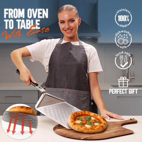 KitchenStar perforated surface pizza peel in stainless steel promotes air circulation for even crust.