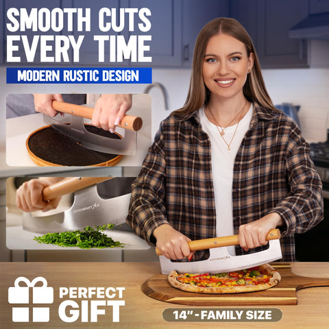 KitchenStar pizza cutter with beech handle offers ergonomic grip during prep