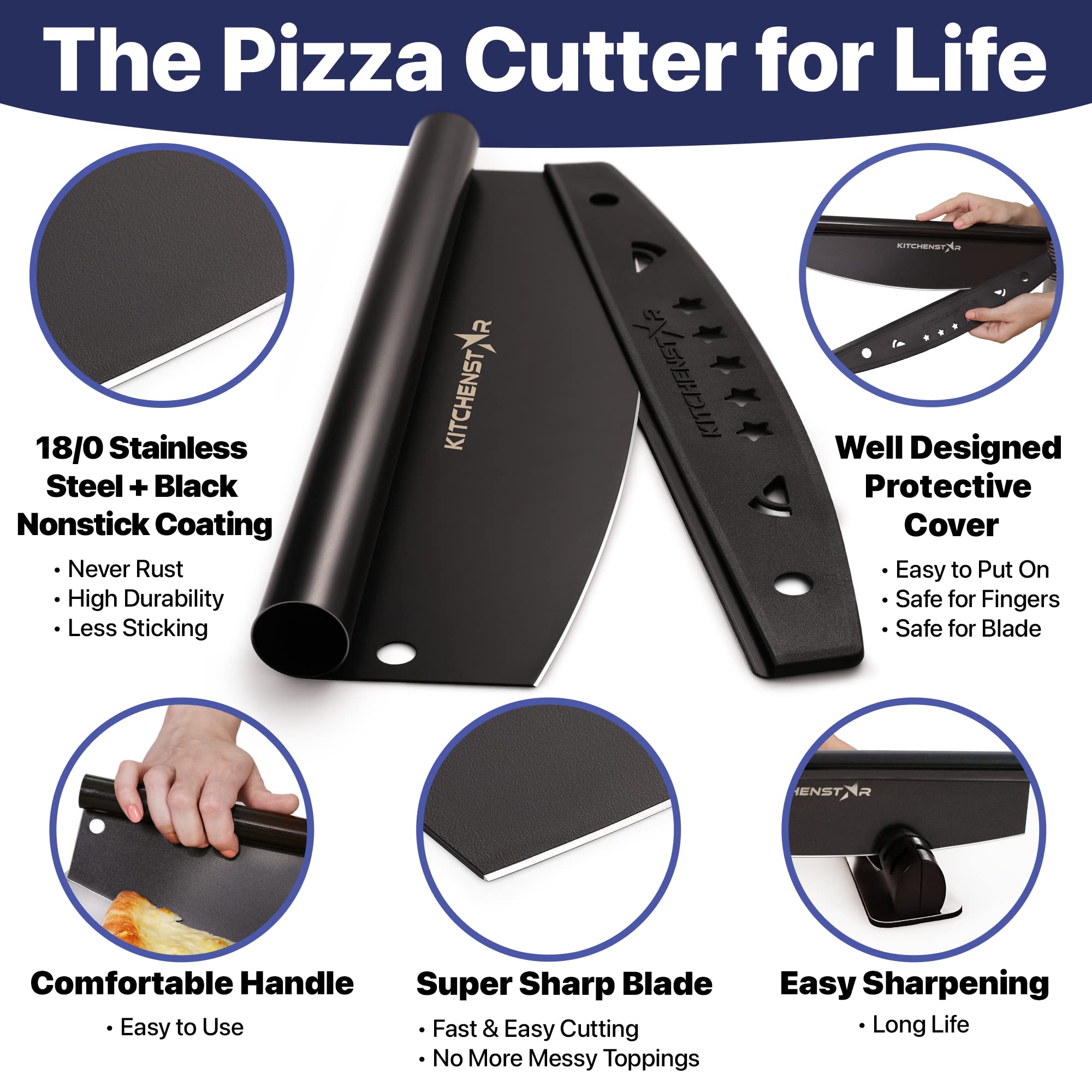 KitchenStar pizza cutter with black nonstick coating for easy cleanup