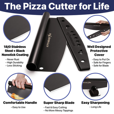 KitchenStar pizza cutter with black nonstick coating for easy cleanup