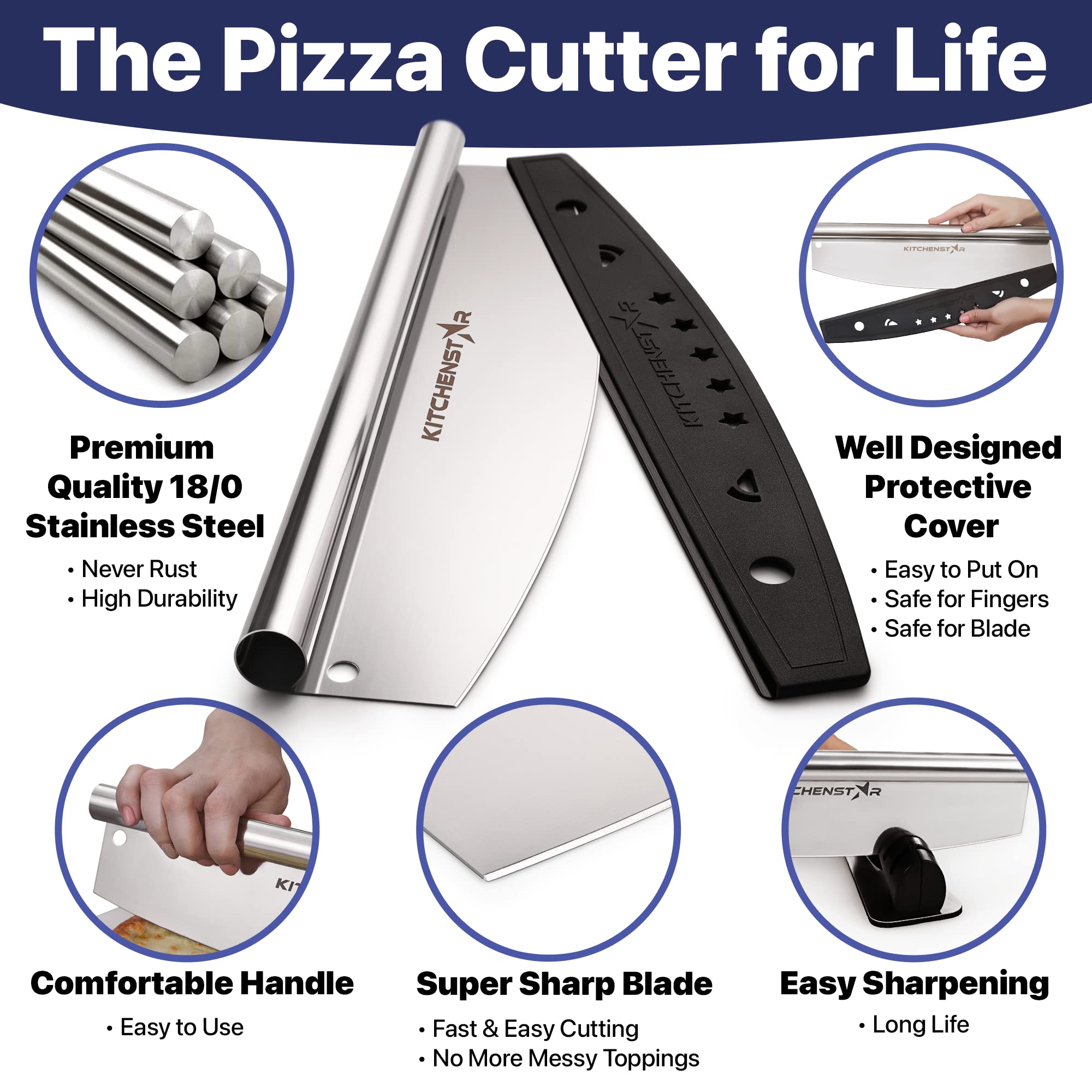 KitchenStar pizza cutter with protective cover for safe storage