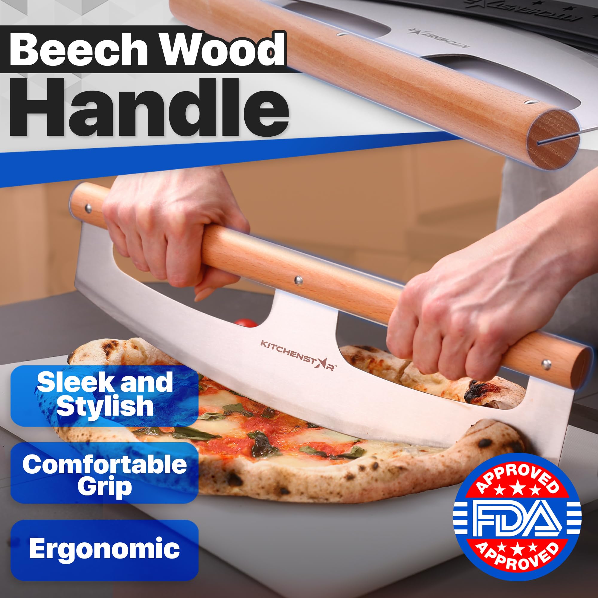 KitchenStar pizza cutter razor-sharp edge handles pizza and flatbreads precisely